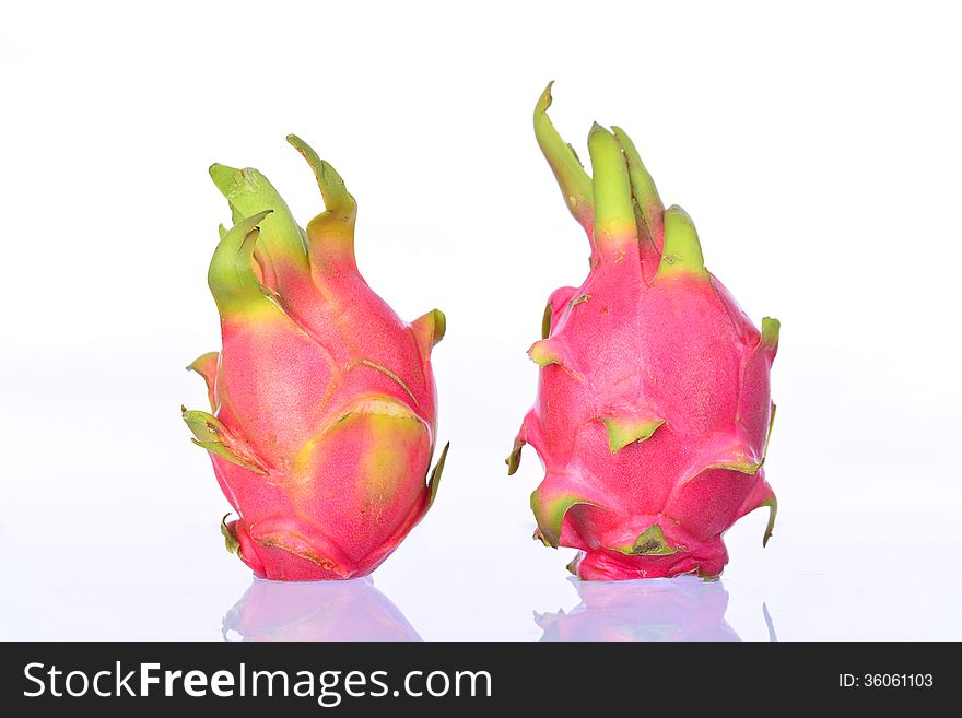 Double pitaya fruits in white background.