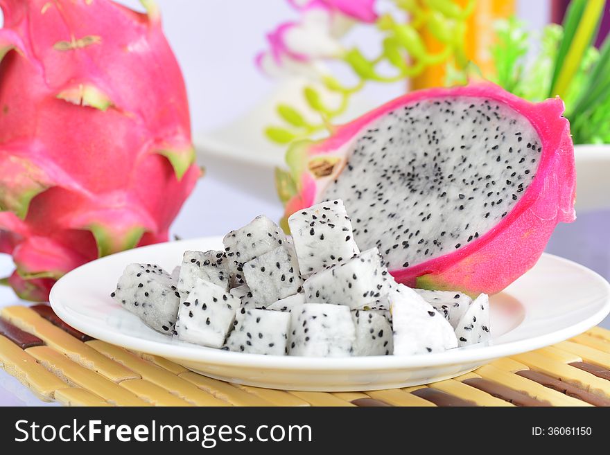 Pitaya fruit was cut in pieces.