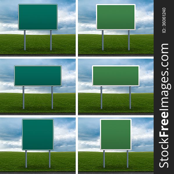 Road sign near the road on green field and cloudy sky. Road sign near the road on green field and cloudy sky