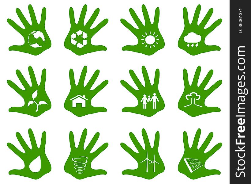 Set of ecological icons on hand print, vector eps 8 illustration. Set of ecological icons on hand print, vector eps 8 illustration