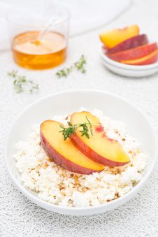 Fresh Homemade Cottage Cheese With Honey, Walnuts And Peaches Royalty Free Stock Images Fresh Homemade Cottage Cheese With Honey, Walnuts And Peaches Royalty Free Stock Images