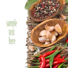 Garlic And Spices In Bowls, Isolated Royalty Free Stock Photography Garlic And Spices In Bowls, Isolated Royalty Free Stock Photography
