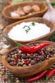 Hot Pepper, Sea Salt And Spices In Bowls, Close-up Royalty Free Stock Image