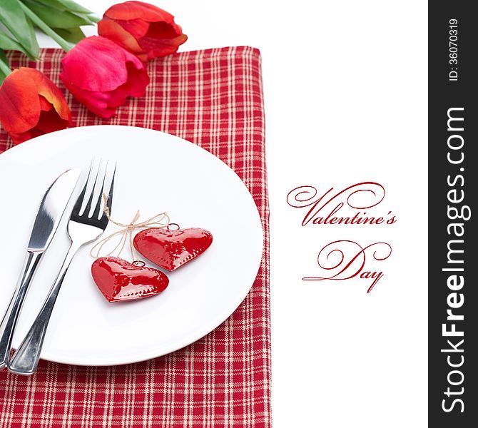 Festive table setting for Valentine s Day with tulips, isolated