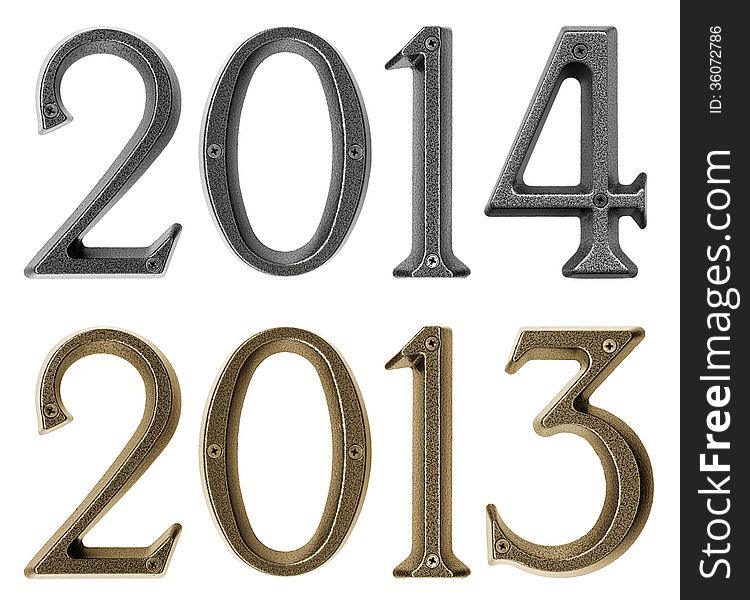 New year 2014 is coming concept - metal numbers 2013 and 2014, isolated over white background