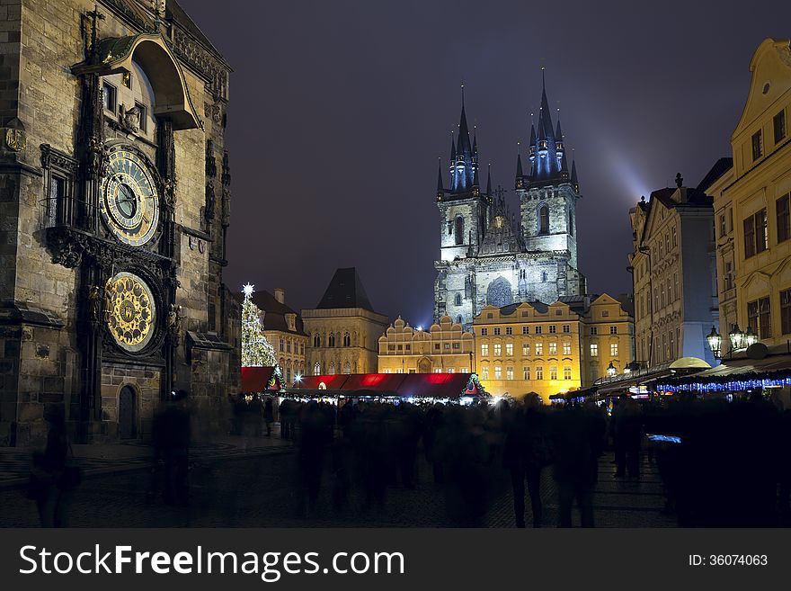 Image of famous Old Town Square in Prague, with astronomical clock, during Christmas. Image of famous Old Town Square in Prague, with astronomical clock, during Christmas.