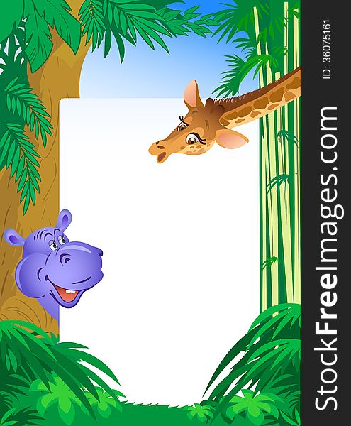 The illustration shows a hippopotamus and giraffe on background white frame for text and jungle. Achieved in cartoon style, on separate layers. The illustration shows a hippopotamus and giraffe on background white frame for text and jungle. Achieved in cartoon style, on separate layers.