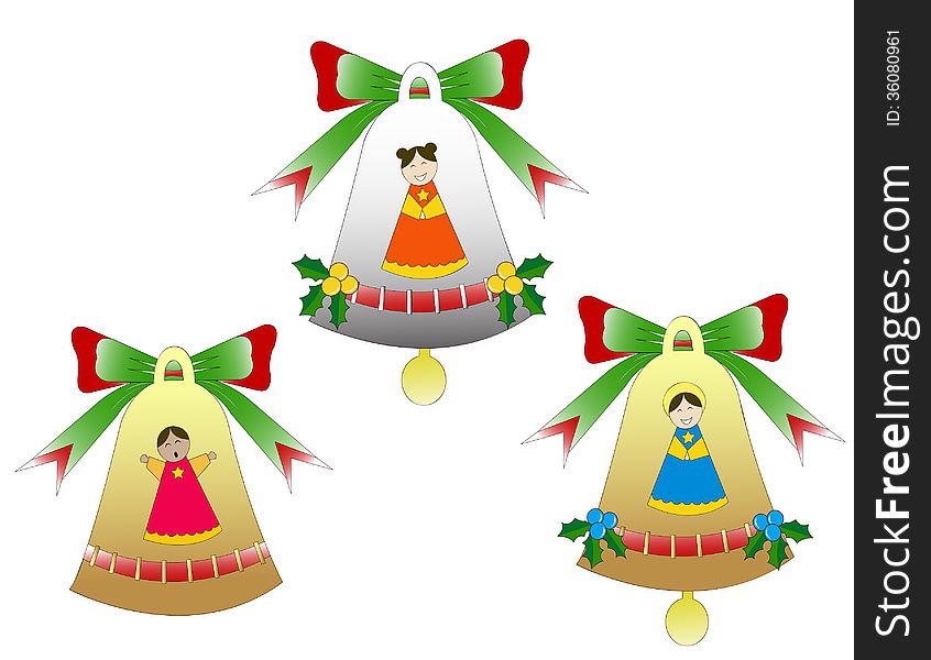 Illustration of Christmas bells, a silver decorated with yellow flowers and christmas girl wearing red. A golden bell decorated with choirboy dressed in red and one golden bell is decorated with angel dressed in blue and blue christmas flowers. Illustration of Christmas bells, a silver decorated with yellow flowers and christmas girl wearing red. A golden bell decorated with choirboy dressed in red and one golden bell is decorated with angel dressed in blue and blue christmas flowers.