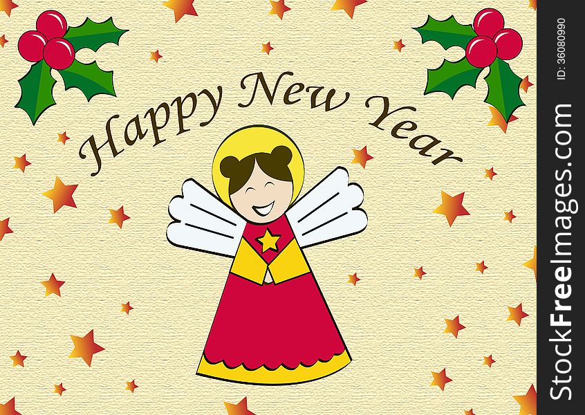 Card design with stars and flower smiling christmas angel on beige textured background and text Happy New Year. Card design with stars and flower smiling christmas angel on beige textured background and text Happy New Year.