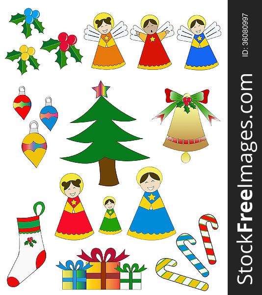 Illustration of Christmas figures package consisting of poinsettias, angels, balls, pine, golden bell, holy family, media, gifts and candy canes. Illustration of Christmas figures package consisting of poinsettias, angels, balls, pine, golden bell, holy family, media, gifts and candy canes.