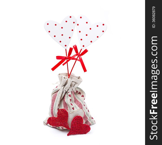 Two Wooden Hearts On A Stick In The Sack, Isolated