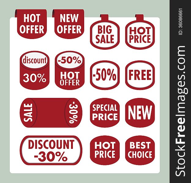 Collection of red sale tickets, labels, stamps, stickers, corners, tags on white background. Collection of red sale tickets, labels, stamps, stickers, corners, tags on white background