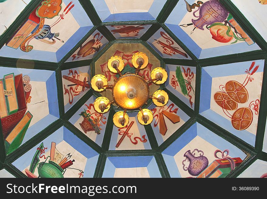 Decorated ceiling in the Hualin temple, the oldest temple in Guangzhou, China