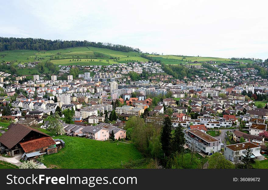 Aerial view of a swiss country village. april 2012