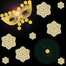 Drawing Of A Gold Mask On A Black Background With Snowflakes Royalty Free Stock Image