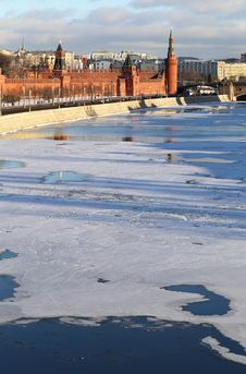 Moscow Winter River Landscape With Kremlin Towers Stock Photography
