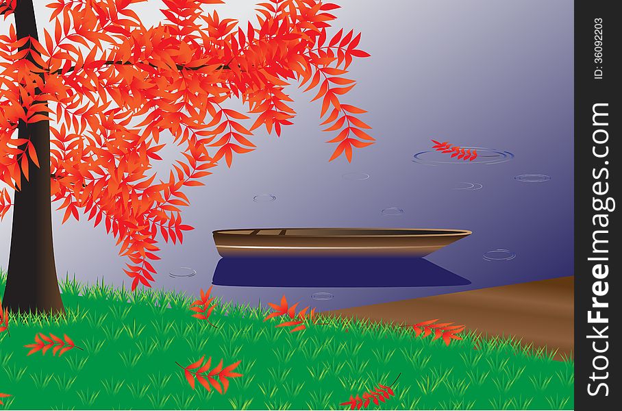 Autumn. Landscape, tree with red leaves and a boat on the river