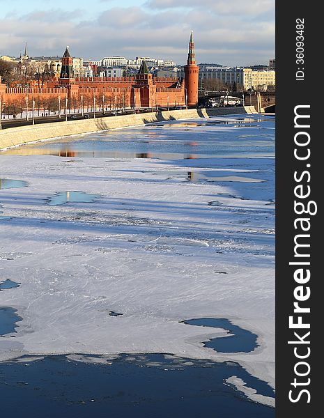 Moscow winter river landscape with Kremlin towers sunny afternoon