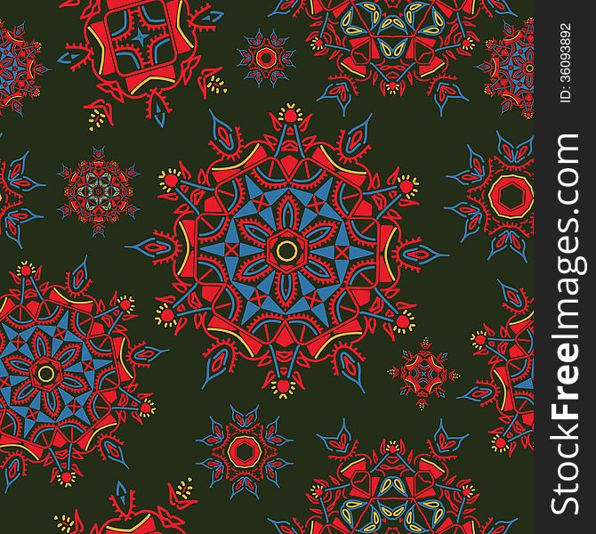 Multicolor bright ethnic floral pattern texture. vector illustration with round hand drawn flowers and snowflakes isolated on dark green gradient background.
