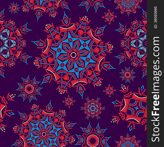 Colorful ethnic floral pattern background. illustration with round hand drawn flowers and snowflakes. violet, red, blue colors