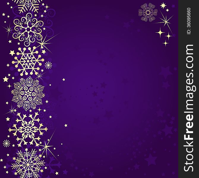 Violet christmas frame with gold snowflakes and stars (vector)