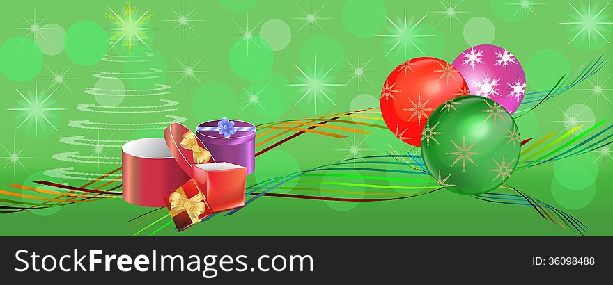 Colorful Christmas banner panorama with green background ribbons, gift boxes and bright bauble balls