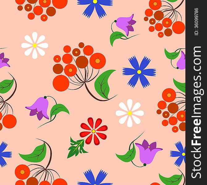 Seamless floral background with flowers, bellflowers, berries.
