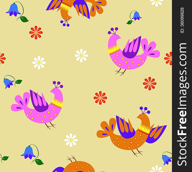 Seamless floral background with flowers, birds.