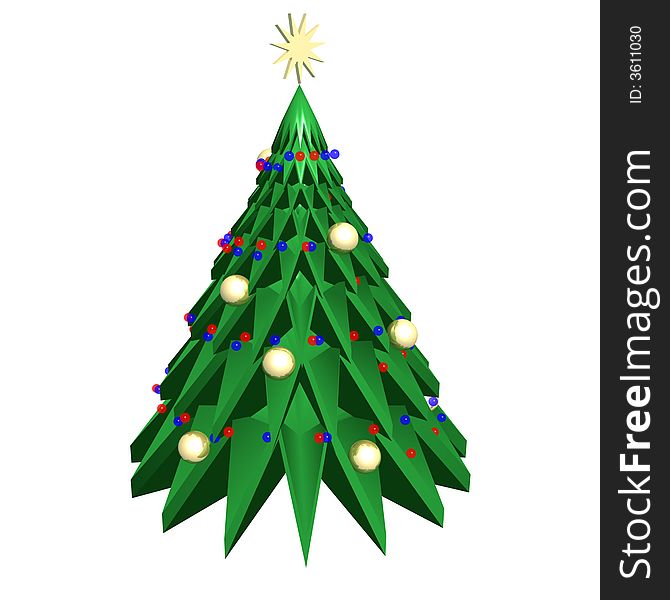 3D christmas tree on a white background with a gold star, garlands and gold balls