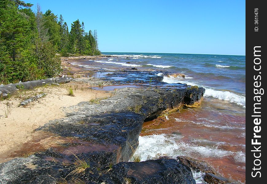 The rocky Lake Superior shore of the Keweenaw Peninsula in Upper Michigan. The rocky Lake Superior shore of the Keweenaw Peninsula in Upper Michigan