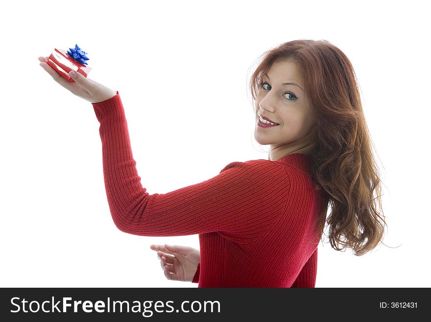 Beautiful woman with gift on white background