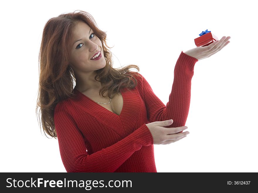 Beautiful woman with gift on white background