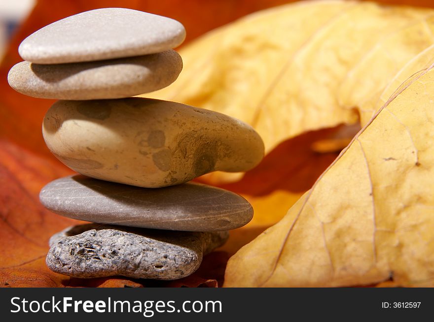 Five flat stones over autumn leaves. Five flat stones over autumn leaves