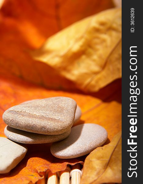 Five flat stones over autumn leaves. Five flat stones over autumn leaves