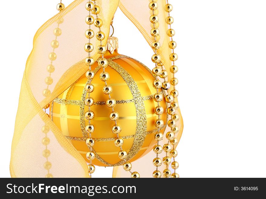 Golden decorative Christmas bauble isolated on white. Golden decorative Christmas bauble isolated on white