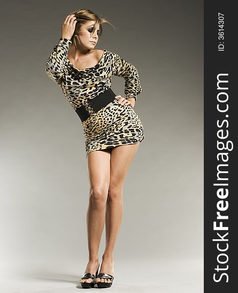 Baeutiful blond model in leopard skin pattern dress posing on grey background. Baeutiful blond model in leopard skin pattern dress posing on grey background