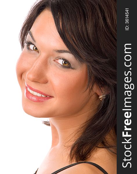 Smiling brunette with pink lips on the white background. Smiling brunette with pink lips on the white background