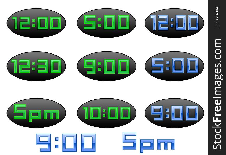 A collection of icons representing time in a digital clockface. A collection of icons representing time in a digital clockface