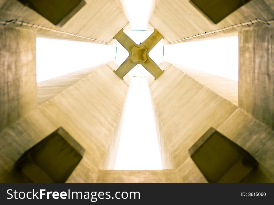 Looking upwards from below the Civilian War Memorial build to remember civilians killed during the Japanese occupation of Singapore