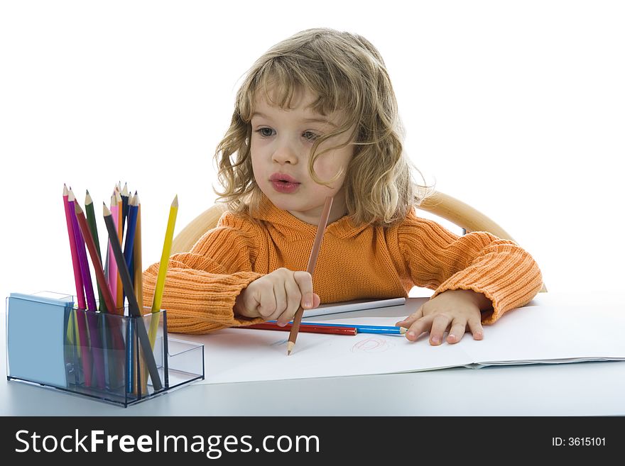 Beautiful little girl with pencils on isolated background