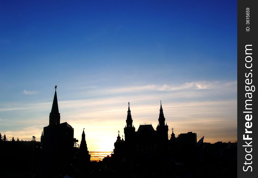 Evening silhouette of towers of the Kremlin on a sunset. Evening silhouette of towers of the Kremlin on a sunset