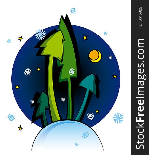 Cartoon vector illustration of a night winter landscape with firs. Cartoon vector illustration of a night winter landscape with firs