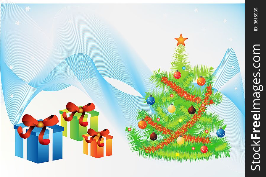 Illustration of Christmas tree and gift