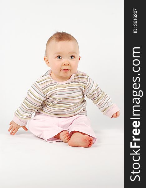 Happy baby girl on white background. Happy baby girl on white background