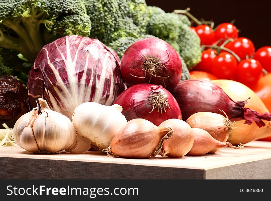 Set of different vegetables: broccoli, cherry tomato