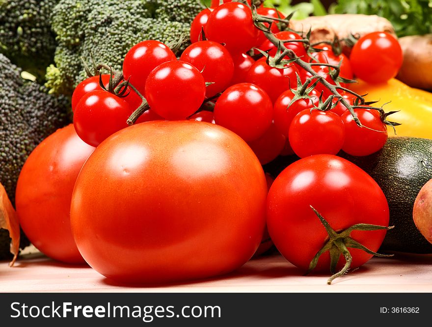Set of different vegetables: broccoli, cherry tomato
