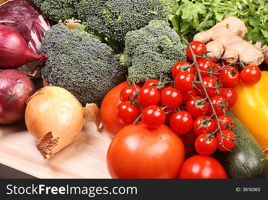 Set of different vegetables: broccoli, cherry tomato