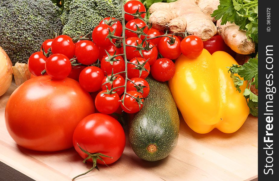 Set of different vegetables: tomatoes, paprika, ginger