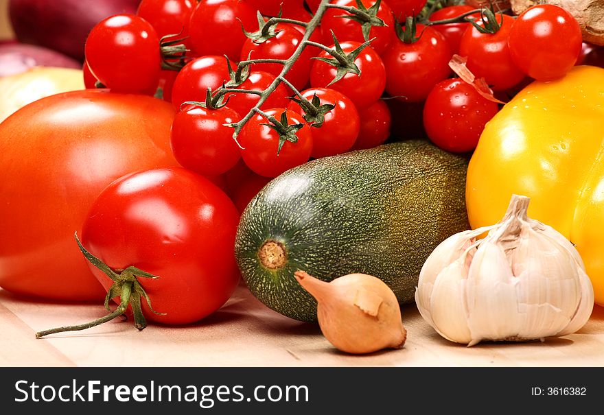 Set of different vegetables: broccoli, cherry tomato