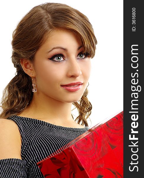 Portrait of Beautiful woman with red boxed gift. Portrait of Beautiful woman with red boxed gift